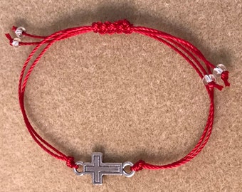 Red Sideways Cross Bracelet, Minimalist Adjustable Knotted Braided String Bracelet Anklet