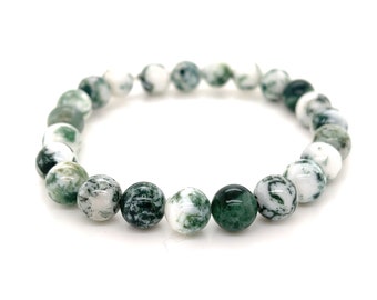Tree Agate Bracelet, 8mm Stretch Beaded Bracelet, Nature Gift, Genuine Handmade Crystal Gemstone Jewelry Mens Womens Unisex