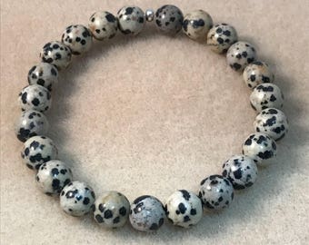 Dalmatian Jasper Bracelet, 8mm Stretch Beaded Bracelet, Genuine Handmade Crystal Gemstone Jewelry Mens Womens Unisex