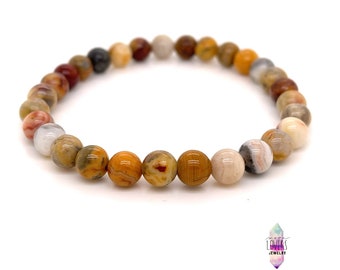 6mm Crazy Lace Agate Bracelet, Stretch Gemstone Crystal Beaded Bracelet, Real Agate Jewelry, Mens Womens Unisex