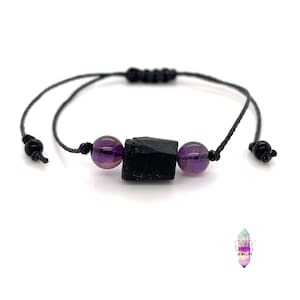 Amethyst Raw Black Tourmaline Bracelet, Minimalist Adjustable Beaded Gemstone String Protection Bracelet, Mens Womens Unisex image 1