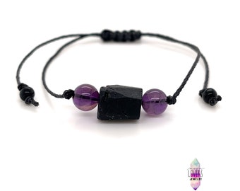 Amethyst Raw Black Tourmaline Bracelet, Minimalist Adjustable Beaded Gemstone String Protection Bracelet, Mens Womens Unisex