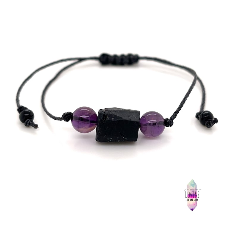 Amethyst Raw Black Tourmaline Bracelet, Minimalist Adjustable Beaded Gemstone String Protection Bracelet, Mens Womens Unisex image 1