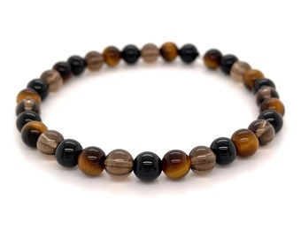 Protection Bracelet, Black Tourmaline Tigerseye Smoky Quartz 6mm Beaded Stretch Bracelet