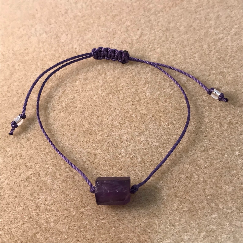 Amethyst Bracelet, Genuine Raw Stone Jewelry, Minimalist Dainty Gemstone Adjustable Macrame String Bracelet, Mens Womens Unisex Purple