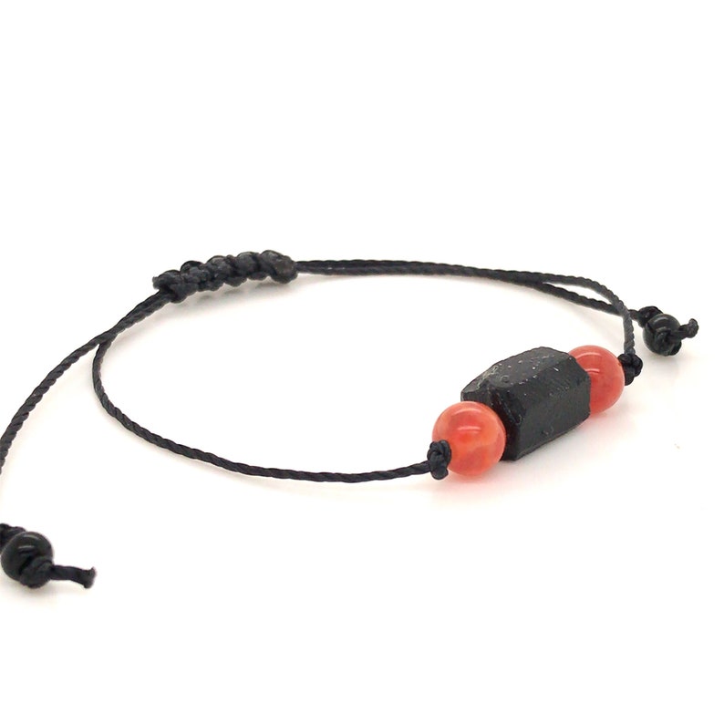 Fire Agate Raw Black Tourmaline Bracelet, Minimalist Adjustable Beaded Gemstone String Friendship Bracelet for Protection image 3
