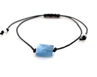 Aquamarine Bracelet, Genuine Raw Stone Jewelry, Minimalist Dainty Gemstone Adjustable Macrame String Bracelet, Mens Womens Unisex