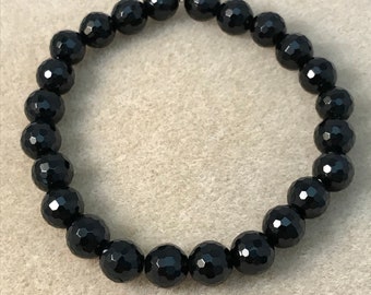 Black Tourmaline Bracelet, Faceted Black Tourmaline, 8mm Tourmaline, Stretch Bracelet, Beaded Bracelet, Bead Bracelet, Black Schorl