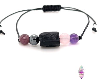 Deluxe Raw Black Tourmaline Empath Protection Bracelet, Dainty Minimalist Adjustable Beaded Crystal String Bracelet, Unisex Handmade Jewelry