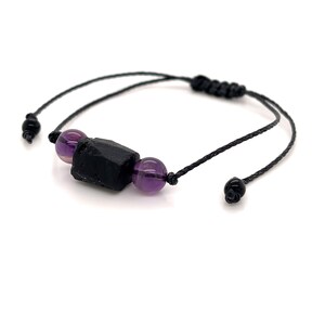 Amethyst Raw Black Tourmaline Bracelet, Minimalist Adjustable Beaded Gemstone String Protection Bracelet, Mens Womens Unisex image 2