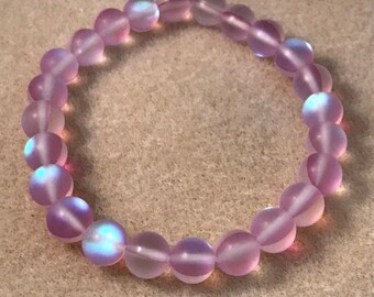 Lavender Iridescent Glass Bracelet, 8mm Matte Glass Beaded Stretch Bracelet, Mystic Aura Aurora Borealis Holograph Frosted Finish