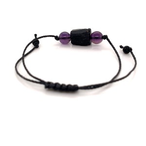 Amethyst Raw Black Tourmaline Bracelet, Minimalist Adjustable Beaded Gemstone String Protection Bracelet, Mens Womens Unisex image 4