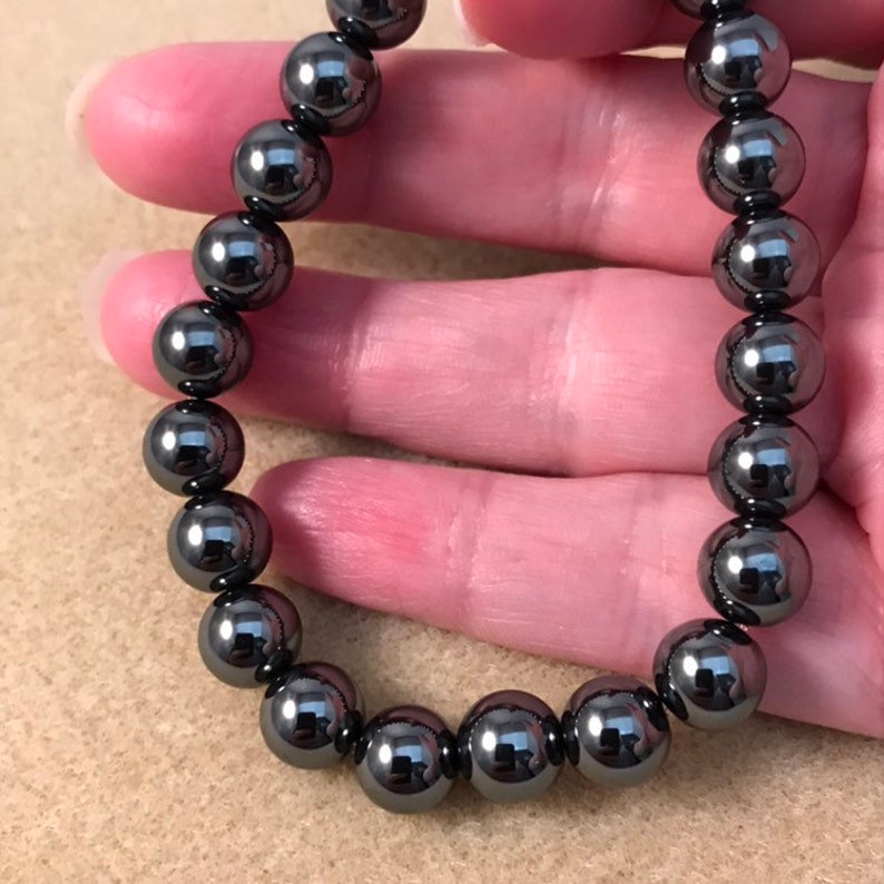 8mm Beaded Gemstone Stretch Bracelet Hematite Bracelet Mens Womens Unisex Genuine Hematite Jewelry
