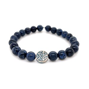 Dumortierite Celtic Star Stretch Bead Bracelet - Raku Ceramic Pentacle Pentagram Bead & 8mm round blue Dumortierite + Sterling Silver Accent