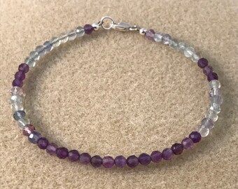 Amethyst Fluorite Bracelet, Genuine Gemstone Sterling Silver Dainty 3mm Faceted Beaded Bracelet, Great for layering