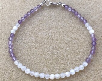 Moonstone Amethyst Bracelet, Genuine Gemstone Sterling Silver Dainty 3mm Faceted Beaded Bracelet, Great for layering