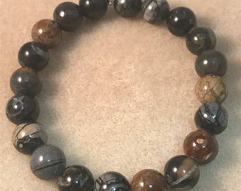 Picasso Jasper Bracelet, 10mm Stretch Beaded Bracelet, Genuine Natural Gemstone Bracelet, Mens Womens Unisex Jewelry