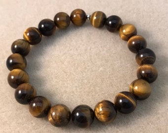 Tigers Eye Bracelet, 10mm Beaded Bracelet, Genuine Gemstone Stretch Bracelet, Mens Womens Unisex Healing crystals and stones