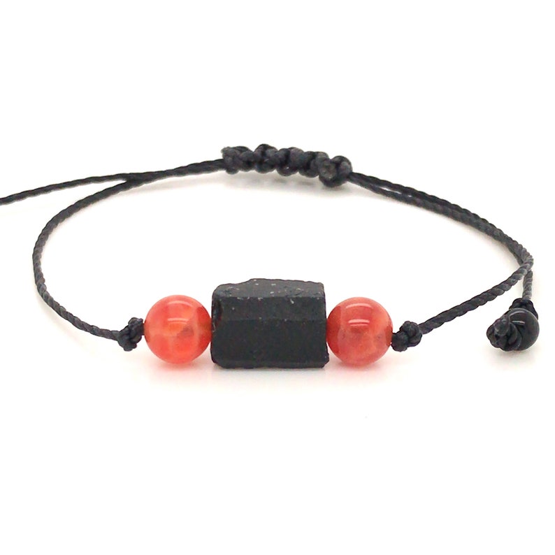 Fire Agate Raw Black Tourmaline Bracelet, Minimalist Adjustable Beaded Gemstone String Friendship Bracelet for Protection image 1