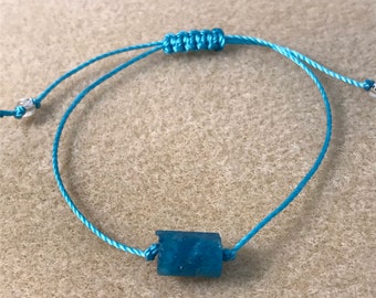 Blue Apatite Bracelet, Genuine Raw Stone Jewelry, Minimalist Dainty Gemstone Adjustable Macrame String Bracelet, Mens Womens Unisex