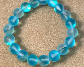 Aqua Teal Iridescent Holographic Glass Bracelet, 10mm Frosted Matte Aurora Borealis Stretch Beaded Bracelet