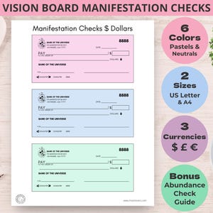 Vision Board Checks, Blank Printable Checks For Manifestation, Pretend Checks for New Moon Money Manifesting, Includes Abundance Check Ebook