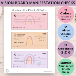 Boho Vision Board Checks, Blank Printable Manifestation Checks, Pretend Checks for New Moon Money Manifesting Includes Abundance Check Ebook