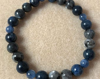 Larvikite Dumortierite & Blue Kyanite "Night Sea" 8mm Stretch Beaded Gemstone Bracelet, Mens Womens Unisex