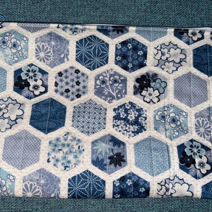 May include: A blue and white hexagonal patterned pouch with a blue zip. The pouch features floral and geometric designs in shades of blue and white. The label on the side reads "Fabi Bags".
