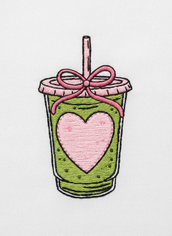 Matcha Embroidery Design with Pink Heart and Bow – Cute Matcha Latte Cup Machine Embroidery File for Totes, Hoodies,