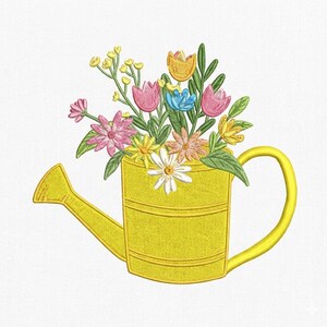May include: Embroidered image of a yellow watering can filled with a colorful bouquet of flowers. The flowers include pink, yellow, blue, and white blooms with green leaves. The watering can has a handle and a spout.