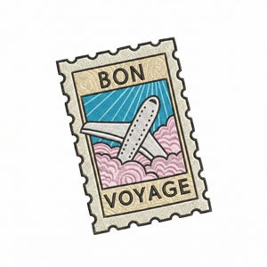Pode incluir: Um design de selo postal com um avião sobre nuvens rosa, contra um fundo de céu azul com raios de sol. O selo diz "BON VOYAGE".
