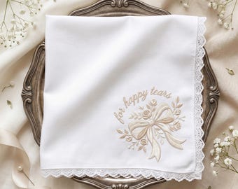 Chusteczka ślubna "For Happy Tears", haftowana kokardka z kwiatowym wzorem, elegancka chusteczka ślubna