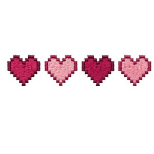 May include: Four pixelated heart designs in shades of pink and red are displayed on a white background. The hearts are embroidered with a textured appearance, each with a distinct color gradient, ranging from deep red to light pink.