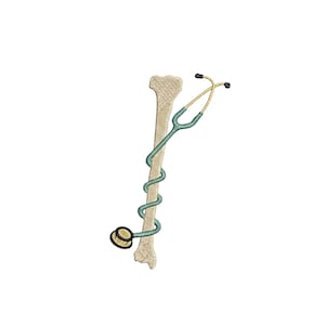 May include: An embroidered design featuring a bone with a teal stethoscope wrapped around it. The stethoscope has gold-colored tubing and black earpieces. The bone is beige and has a textured appearance.