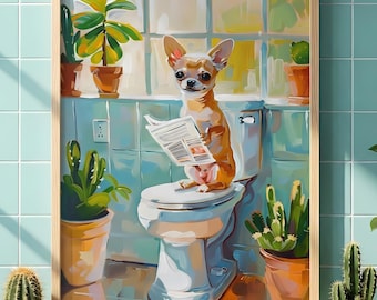 Impresión artística de baño de chihuahua / Perro leyendo periódico / Arte de pared estilo japandi / Decoración divertida para inodoro / Póster de animal peculiar