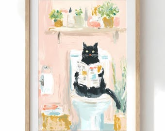 Black Cat Wall Art | Funny Bathroom Decor | Cat on Toilet Reading Newspaper | Whimsical Restroom Poster | Unique Cat Lover Gift