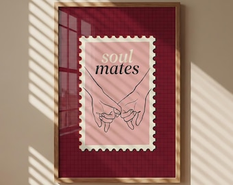 Soul Mates Pinky Promise Print | Retro Valentine Poster for Couples | Mid Century Modern Stamp Wall Decor | Burgundy Pink Bedroom Art