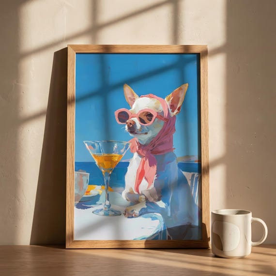 Chihuahua Art Print Funny Dog Poster Martini Painting Beach Coastal Decor Sassy Pet Gift Pink Sunglasses
