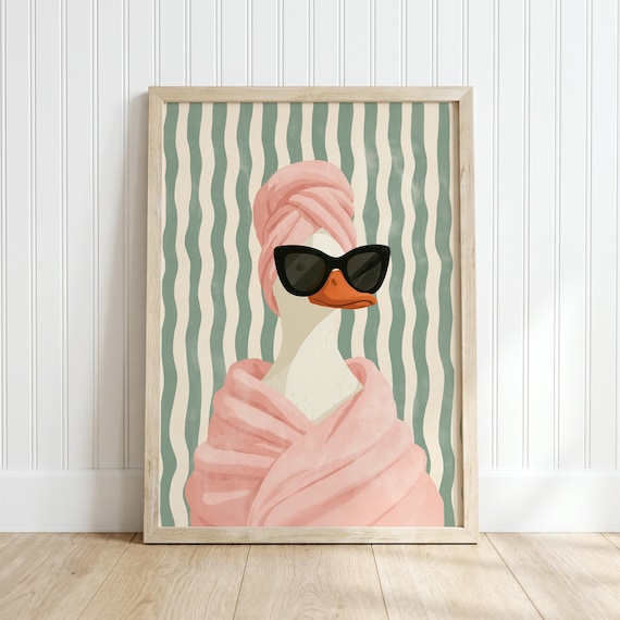 Funny Duck Bathroom Art | Duck in Towel Print | Duck Wearing Sunglasses | Retro Animal Poster | Quirky Spa Decor | Unframed Humor Print