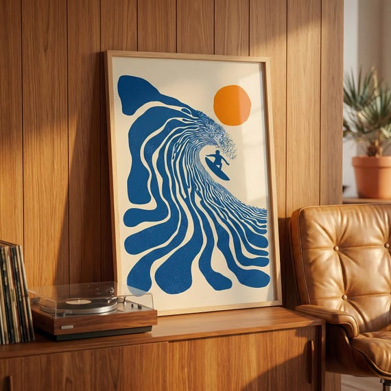 Retro Surfer Art Print | Abstract Wave Wall Art | Coastal Beach Decor | Minimalist Surf Poster | Blue Ocean Wave Print Unframed