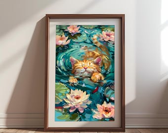 Monet Cat Art Print, Water Lily Pond, Funny Impressionist Painting