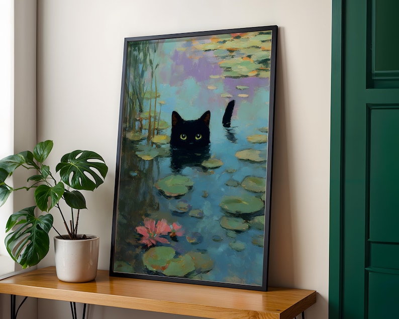 Funny Black Cat Print | Monet Water Lilies Wall Art | Eclectic Bathroom ...