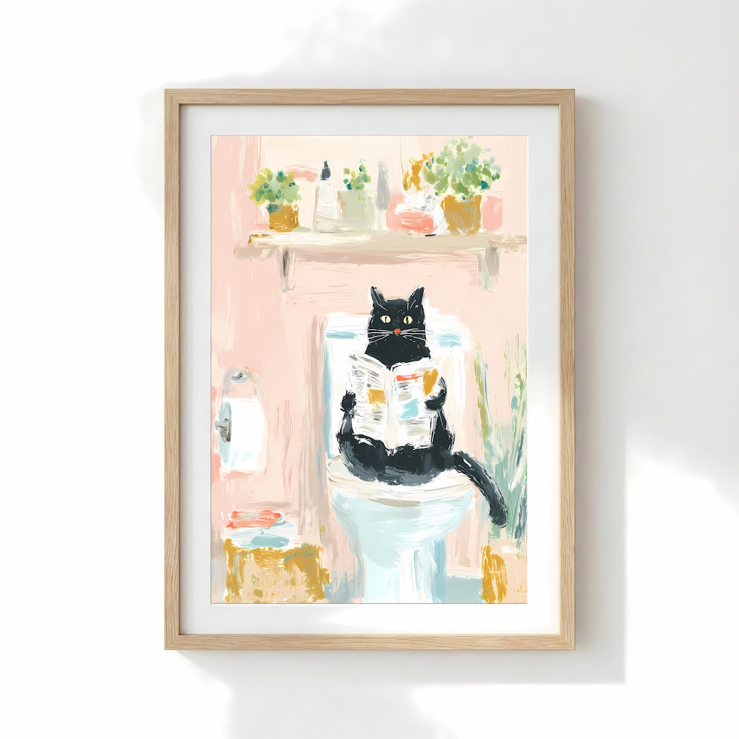 Black Cat Wall Art | Funny Bathroom Decor | Cat on Toilet Reading ...