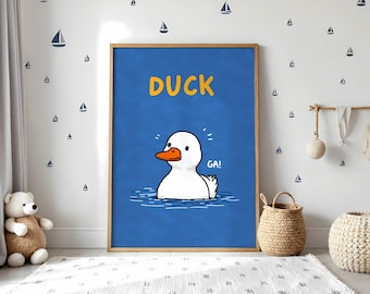 Cute Duck Print, Minimalist Nursery Wall Art, Funny Kids Room Decor, Cheerful Animal Poster, Gender Neutral Baby Shower Gift