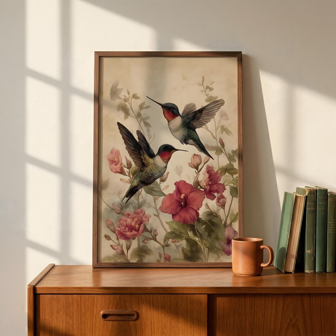 Hummingbird Poster Vintage Bird Art Print Botanical Wall Decor Floral ...