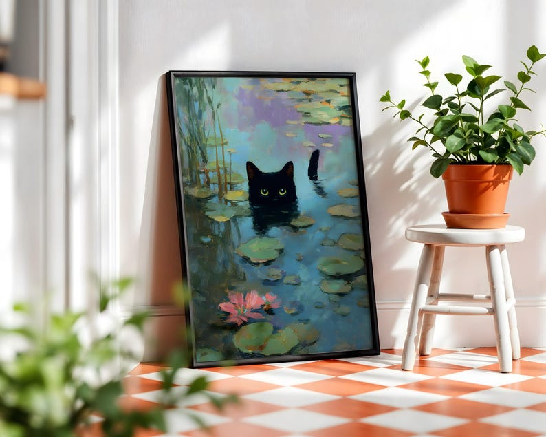 Funny Black Cat Print | Monet Water Lilies Wall Art | Eclectic Bathroom ...