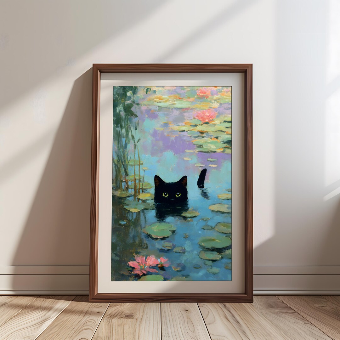 Funny Black Cat Print | Monet Water Lilies Wall Art | Eclectic Bathroom ...