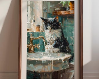 Lámina de gato negro para el baño – Inspirada en Monet, divertida ilustración para lavarse las patas
