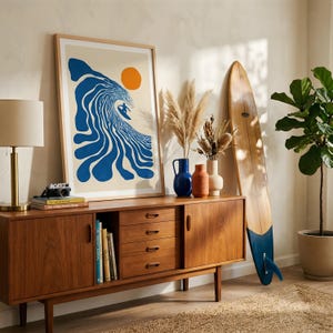 Retro Surfer Art Print | Abstract Wave Wall Art | Coastal Beach Decor | Minimalist Surf Poster | Blue Ocean Wave Print Unframed image 2